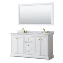 Wyndham  WCV232360DWGCMUNOM58 Avery 60 Inch Double Bathroom Vanity in White, White Carrara Marble Countertop, Undermount Oval Sinks, 58 Inch Mirror, Brushed Gold Trim
