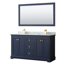 Wyndham  WCV232360DBLCMUNSM58 Avery 60 Inch Double Bathroom Vanity in Dark Blue, White Carrara Marble Countertop, Undermount Square Sinks, and 58 Inch Mirror