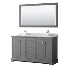 Wyndham  WCV232360DKGCMUNSM58 Avery 60 Inch Double Bathroom Vanity in Dark Gray, White Carrara Marble Countertop, Undermount Square Sinks, and 58 Inch Mirror