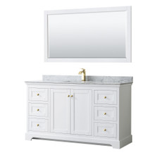 Wyndham  WCV232360SWGCMUNSM58 Avery 60 Inch Single Bathroom Vanity in White, White Carrara Marble Countertop, Undermount Square Sink, 58 Inch Mirror, Brushed Gold Trim