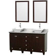 Wyndham  WCV800060DESCMD2WM24 Acclaim 60 Inch Double Bathroom Vanity in Espresso, White Carrara Marble Countertop, Pyra White Sinks, and 24 Inch Mirrors