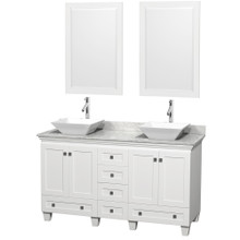 Wyndham  WCV800060DWHCMD2WM24 Acclaim 60 Inch Double Bathroom Vanity in White, White Carrara Marble Countertop, Pyra White Sinks, and 24 Inch Mirrors