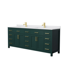 Wyndham  WCG242484DGDWCUNSMXX Beckett 84 Inch Double Bathroom Vanity in Green, White Cultured Marble Countertop, Undermount Square Sinks, Brushed Gold Trim