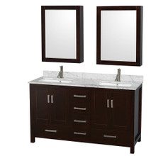 Wyndham  WCS141460DESCMUNSMED Sheffield 60 Inch Double Bathroom Vanity in Espresso, White Carrara Marble Countertop, Undermount Square Sinks, and Medicine Cabinets