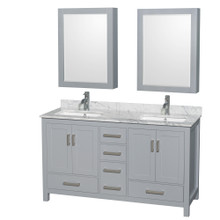 Wyndham  WCS141460DGYCMUNSMED Sheffield 60 Inch Double Bathroom Vanity in Gray, White Carrara Marble Countertop, Undermount Square Sinks, and Medicine Cabinets