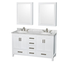 Wyndham  WCS141460DWHCMUNOMED Sheffield 60 Inch Double Bathroom Vanity in White, White Carrara Marble Countertop, Undermount Oval Sinks, and Medicine Cabinets