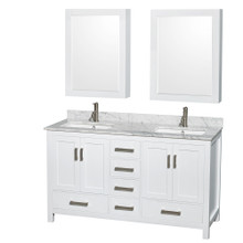 Wyndham  WCS141460DWHCMUNSMED Sheffield 60 Inch Double Bathroom Vanity in White, White Carrara Marble Countertop, Undermount Square Sinks, and Medicine Cabinets