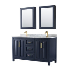 Wyndham  WCV252560DBLCMUNSMED Daria 60 Inch Double Bathroom Vanity in Dark Blue, White Carrara Marble Countertop, Undermount Square Sinks, Medicine Cabinets