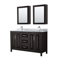 Wyndham  WCV252560DDECMUNSMED Daria 60 Inch Double Bathroom Vanity in Dark Espresso, White Carrara Marble Countertop, Undermount Square Sinks, and Medicine Cabinets