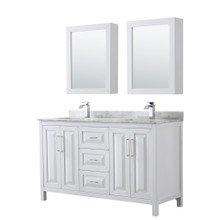 Wyndham  WCV252560DWHCMUNSMED Daria 60 Inch Double Bathroom Vanity in White, White Carrara Marble Countertop, Undermount Square Sinks, and Medicine Cabinets