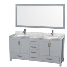 Wyndham  WCS141472DGYCMUNSM70 Sheffield 72 Inch Double Bathroom Vanity in Gray, White Carrara Marble Countertop, Undermount Square Sinks, and 70 Inch Mirror