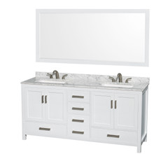 Wyndham  WCS141472DWHCMUS3M70 Sheffield 72 Inch Double Bathroom Vanity in White, White Carrara Marble Countertop, Undermount 3-Hole Square Sinks, 70 Inch Mirror