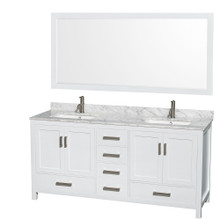 Wyndham  WCS141472DWHCMUNSM70 Sheffield 72 Inch Double Bathroom Vanity in White, White Carrara Marble Countertop, Undermount Square Sinks, and 70 Inch Mirror