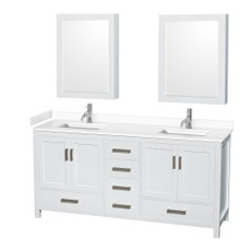 Wyndham  WCS141472DWHWCUNSMED Sheffield 72 Inch Double Bathroom Vanity in White, White Cultured Marble Countertop, Undermount Square Sinks, Medicine Cabinets