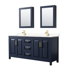 Wyndham  WCV252572DBLC2UNSMED Daria 72 Inch Double Bathroom Vanity in Dark Blue, Light-Vein Carrara Cultured Marble Countertop, Undermount Square Sinks, Medicine Cabinets