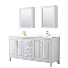Wyndham  WCV252572DWGWCUNSMED Daria 72 Inch Double Bathroom Vanity in White, White Cultured Marble Countertop, Undermount Square Sinks, Medicine Cabinets, Brushed Gold Trim