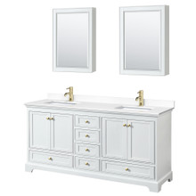 Wyndham  WCS202072DWGWCUNSMED Deborah 72 Inch Double Bathroom Vanity in White, White Cultured Marble Countertop, Undermount Square Sinks, Brushed Gold Trim, Medicine Cabinets