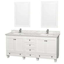 Wyndham  WCV800072DWHCMUNSM24 Acclaim 72 Inch Double Bathroom Vanity in White, White Carrara Marble Countertop, Undermount Square Sinks, and 24 Inch Mirrors