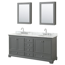 Wyndham  WCS202072DKGCMUNOMED Deborah 72 Inch Double Bathroom Vanity in Dark Gray, White Carrara Marble Countertop, Undermount Oval Sinks, and Medicine Cabinets