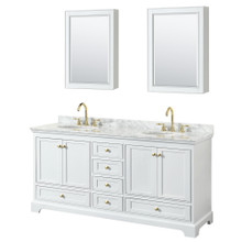 Wyndham  WCS202072DWGCMUNOMED Deborah 72 Inch Double Bathroom Vanity in White, White Carrara Marble Countertop, Undermount Oval Sinks, Brushed Gold Trim, Medicine Cabinets