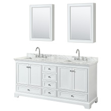 Wyndham  WCS202072DWHCMUNSMED Deborah 72 Inch Double Bathroom Vanity in White, White Carrara Marble Countertop, Undermount Square Sinks, and Medicine Cabinets