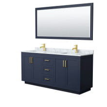Wyndham  WCF292972DBLCMUNSM70 Miranda 72 Inch Double Bathroom Vanity in Dark Blue, White Carrara Marble Countertop, Undermount Square Sinks, Brushed Gold Trim, 70 Inch Mirror