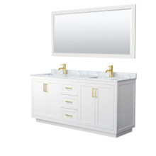 Wyndham  WCF292972DWGCMUNSM70 Miranda 72 Inch Double Bathroom Vanity in White, White Carrara Marble Countertop, Undermount Square Sinks, Brushed Gold Trim, 70 Inch Mirror