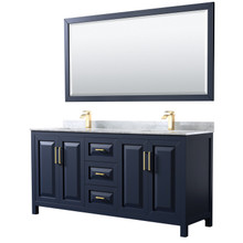Wyndham  WCV252572DBLCMUNSM70 Daria 72 Inch Double Bathroom Vanity in Dark Blue, White Carrara Marble Countertop, Undermount Square Sinks, 70 Inch Mirror