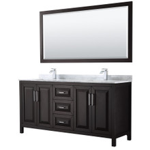 Wyndham  WCV252572DDECMUNSM70 Daria 72 Inch Double Bathroom Vanity in Dark Espresso, White Carrara Marble Countertop, Undermount Square Sinks, and 70 Inch Mirror
