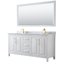 Wyndham  WCV252572DWGCMUNSM70 Daria 72 Inch Double Bathroom Vanity in White, White Carrara Marble Countertop, Undermount Square Sinks, 70 Inch Mirror, Brushed Gold Trim