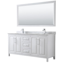 Wyndham  WCV252572DWHCMUNSM70 Daria 72 Inch Double Bathroom Vanity in White, White Carrara Marble Countertop, Undermount Square Sinks, and 70 Inch Mirror