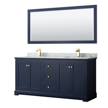 Wyndham  WCV232372DBLCMUNSM70 Avery 72 Inch Double Bathroom Vanity in Dark Blue, White Carrara Marble Countertop, Undermount Square Sinks, and 70 Inch Mirror