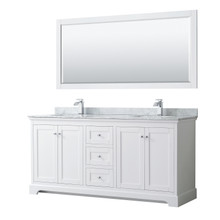 Wyndham  WCV232372DWHCMUNSM70 Avery 72 Inch Double Bathroom Vanity in White, White Carrara Marble Countertop, Undermount Square Sinks, and 70 Inch Mirror