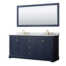 Wyndham  WCV232372DBLCMUNOM70 Avery 72 Inch Double Bathroom Vanity in Dark Blue, White Carrara Marble Countertop, Undermount Oval Sinks, and 70 Inch Mirror