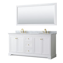 Wyndham  WCV232372DWGCMUNOM70 Avery 72 Inch Double Bathroom Vanity in White, White Carrara Marble Countertop, Undermount Oval Sinks, 70 Inch Mirror, Brushed Gold Trim