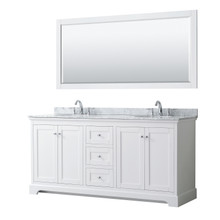 Wyndham  WCV232372DWHCMUNOM70 Avery 72 Inch Double Bathroom Vanity in White, White Carrara Marble Countertop, Undermount Oval Sinks, and 70 Inch Mirror