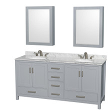 Wyndham  WCS141472DGYCMUNOMED Sheffield 72 Inch Double Bathroom Vanity in Gray, White Carrara Marble Countertop, Undermount Oval Sinks, and Medicine Cabinets