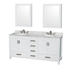Wyndham  WCS141472DWHCMUNOMED Sheffield 72 Inch Double Bathroom Vanity in White, White Carrara Marble Countertop, Undermount Oval Sinks, and Medicine Cabinets