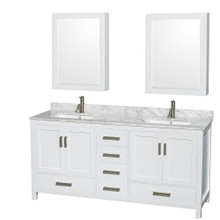 Wyndham  WCS141472DWHCMUNSMED Sheffield 72 Inch Double Bathroom Vanity in White, White Carrara Marble Countertop, Undermount Square Sinks, and Medicine Cabinets