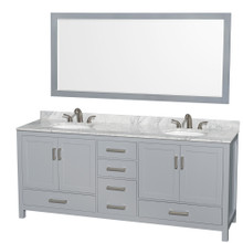 Wyndham  WCS141480DGYCMUNOM70 Sheffield 80 Inch Double Bathroom Vanity in Gray, White Carrara Marble Countertop, Undermount Oval Sinks, and 70 Inch Mirror
