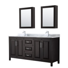 Wyndham  WCV252572DDECMUNSMED Daria 72 Inch Double Bathroom Vanity in Dark Espresso, White Carrara Marble Countertop, Undermount Square Sinks, and Medicine Cabinets
