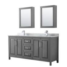 Wyndham  WCV252572DKGCMUNSMED Daria 72 Inch Double Bathroom Vanity in Dark Gray, White Carrara Marble Countertop, Undermount Square Sinks, and Medicine Cabinets