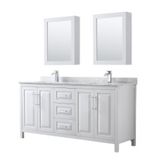 Wyndham  WCV252572DWHCMUNSMED Daria 72 Inch Double Bathroom Vanity in White, White Carrara Marble Countertop, Undermount Square Sinks, and Medicine Cabinets