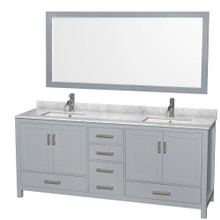 Wyndham  WCS141480DGYCMUNSM70 Sheffield 80 Inch Double Bathroom Vanity in Gray, White Carrara Marble Countertop, Undermount Square Sinks, and 70 Inch Mirror