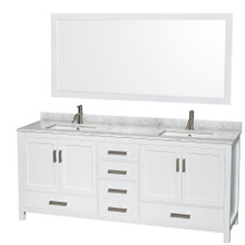 Wyndham  WCS141480DWHCMUNSM70 Sheffield 80 Inch Double Bathroom Vanity in White, White Carrara Marble Countertop, Undermount Square Sinks, and 70 Inch Mirror