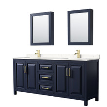Wyndham  WCV252580DBLC2UNSMED Daria 80 Inch Double Bathroom Vanity in Dark Blue, Light-Vein Carrara Cultured Marble Countertop, Undermount Square Sinks, Medicine Cabinets