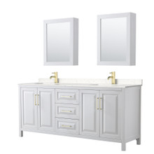 Wyndham  WCV252580DWGC2UNSMED Daria 80 Inch Double Bathroom Vanity in White, Light-Vein Carrara Cultured Marble Countertop, Undermount Square Sinks, Medicine Cabinets, Brushed Gold Trim