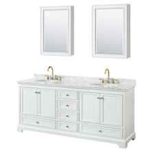 Wyndham  WCS202080DWGCMUNOMED Deborah 80 Inch Double Bathroom Vanity in White, White Carrara Marble Countertop, Undermount Oval Sinks, Brushed Gold Trim, Medicine Cabinets
