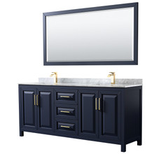Wyndham  WCV252580DBLCMUNSM70 Daria 80 Inch Double Bathroom Vanity in Dark Blue, White Carrara Marble Countertop, Undermount Square Sinks, 70 Inch Mirror