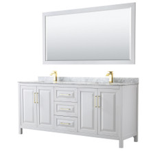 Wyndham  WCV252580DWGCMUNSM70 Daria 80 Inch Double Bathroom Vanity in White, White Carrara Marble Countertop, Undermount Square Sinks, 70 Inch Mirror, Brushed Gold Trim